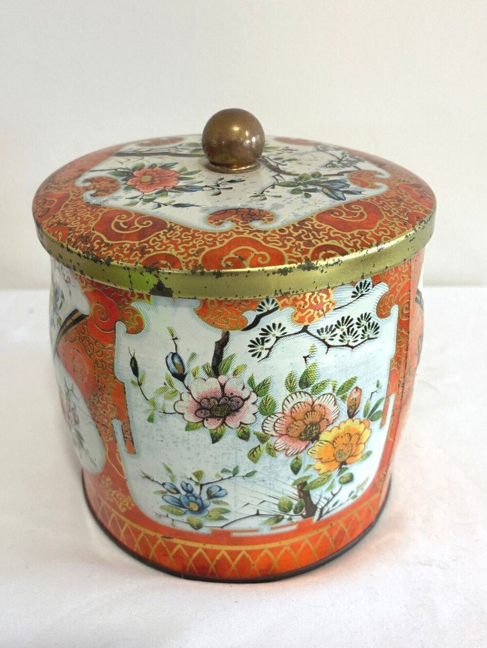 Vintage Daher Tin, Brass Knob Lid, Orange Chinoiserie Canister, Made in England